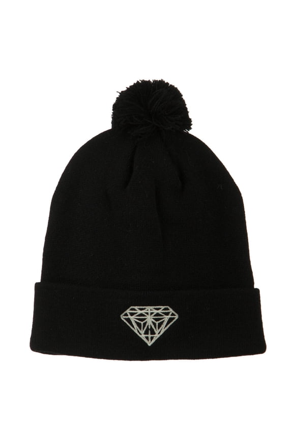 Small Diamond Embroidered Pom Beanie - Black OSFM