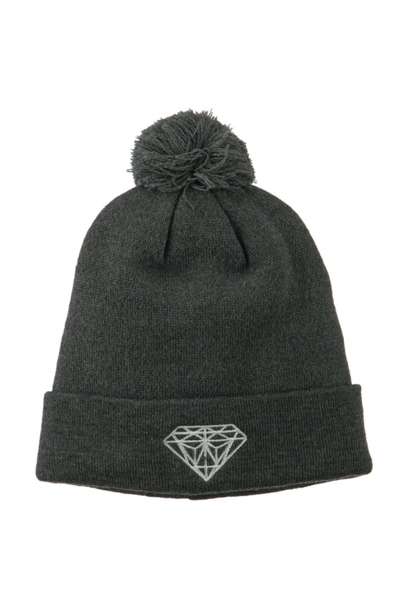 Small Diamond Embroidered Pom Beanie - Dk Grey OSFM