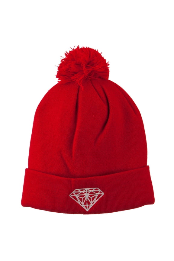 Small Diamond Embroidered Pom Beanie - Red OSFM