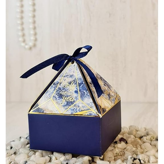 Small Diamond Shape Paper Folding Gift Boxes with Ribbon | Premium Return Gift Boxes for Wedding, Birthday, Engagement, Baby Shower, Chocolate & Dry Fruit Packaging (Blue) 20 Pcs