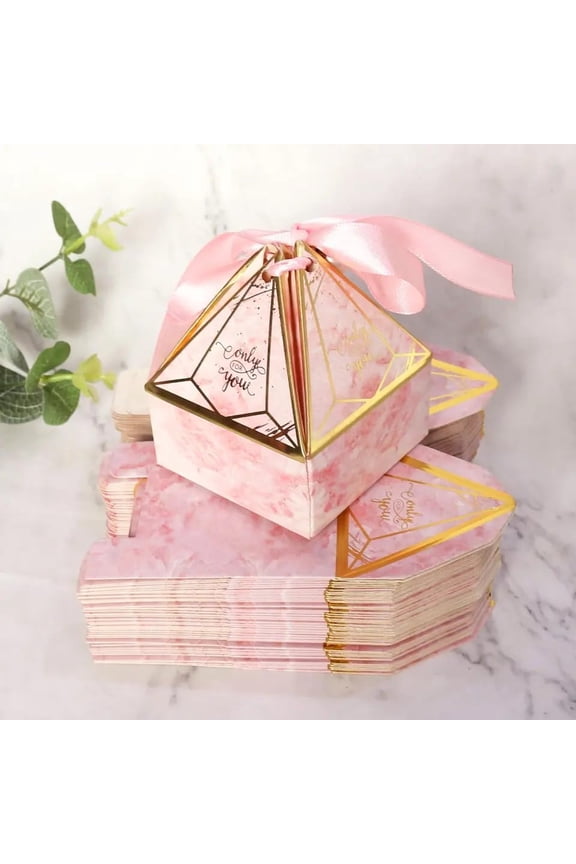 Small Diamond Shape Paper Gift Boxes with Ribbon | Folding Gift Box for Return Gifts, Wedding, Birthday, Engagement, Chocolate & Dry Fruit Packing (Pink) 20 Pcs
