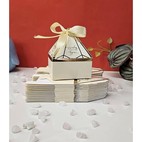 Small Diamond-Shaped Paper Folding Gift Boxes with Ribbon | Off White Return Gift Boxes for Wedding, Birthday, Engagement, Chocolate & Dry Fruit Packing Off White PACK OF 20