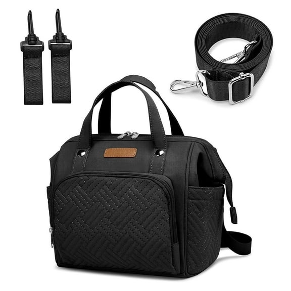 Small Diaper Bag, Stroller Organizer with Insulated Cup Holder & Detachable Shoulder Strap, Convertible Diaper Bag Tote for Short Trip (Black)