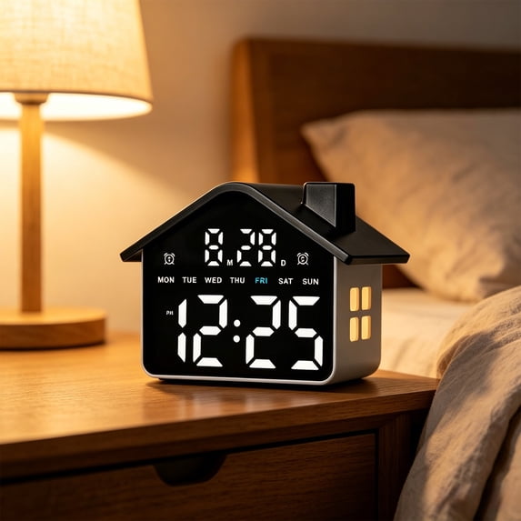 Small Digital Alarm Clock with LED Display, House Shaped Nightlight, Snooze Function & Battery Backup