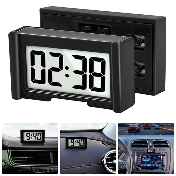 Small Digital Clock, Mini Car Dashboard Clock Battery Operated, Car Truck Dashboard Time Self-Adhesive Bracket Vehicle Automotive Dash Stick on Air Vent Travel Folder Clock (Black)