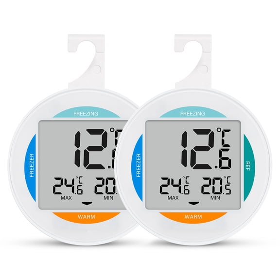 Small Digital Refrigerator Thermometer 2 Pack, IP65 Waterproof Commercial and Home Use, Max/Min Record Function with LCD Screen, Can be hung or stood for Fridge, Freezer Scenarios