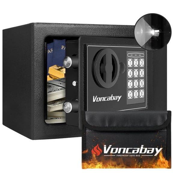 Small Digital Security Safe Box with Keypad, Intelligent Sensor LED Light & Fireproof Bag, 0.2 3Cu. Ft. Steel Money Safe for Home Office Cash Jewelry, Black