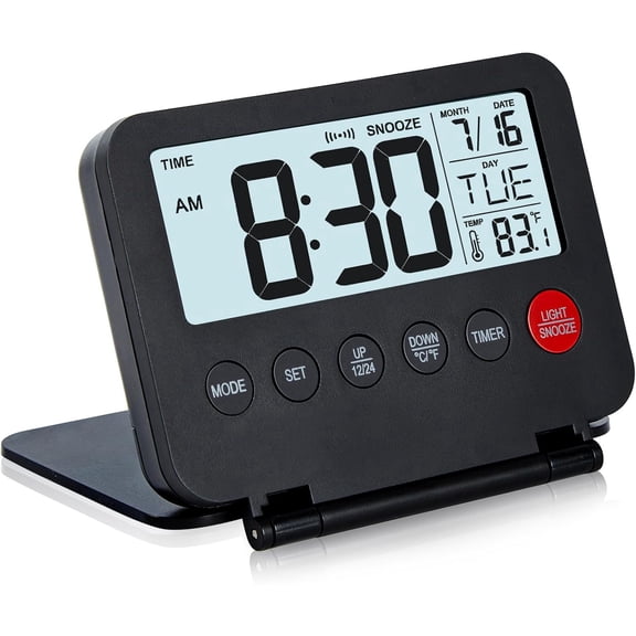 Small Digital Travel Alarm Clock, Large LCD Display Front Button with Date & Temperature, Snooze and 8 Seconds Backlight AAA Battery Operated Desk Clock for Home & Office, Black