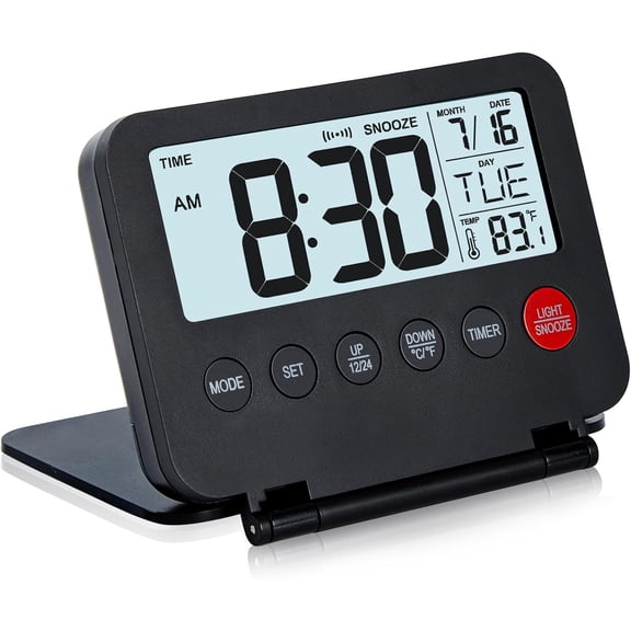 Small Digital Travel , Large LCD Display Front Button with Date & Temperature, Snooze and 8 Seconds Backlight AAA Battery Operated Desk Clock for Home & Office, Black