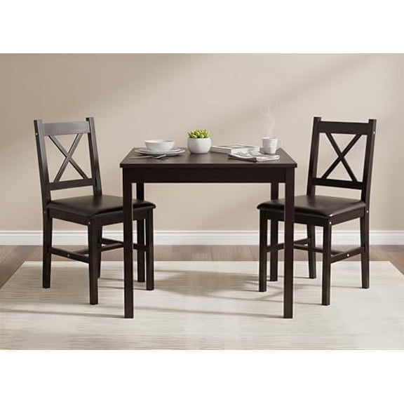 Small Dining Table for 2 with Chairs, 3 Piece Dining Table Set for Small Spaces, Square Wooden Kitchen Table and 2 Upholstered Chairs, Compact Dinette Set for Apartment, Dining Room, Dark Brown