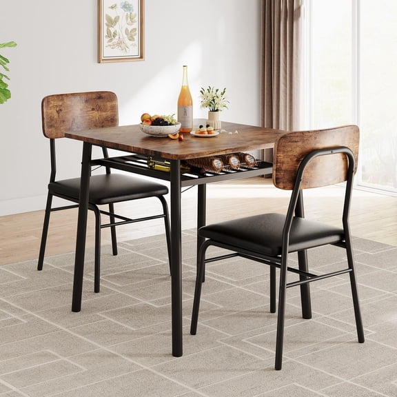 Small Dining Table Set for 2, 3-Piece Dining Set with Storage Rack, Wood Kitchen Table with Upholstered Chairs, Square Table Set with Metal Legs Support, Space Saving Furniture for Dining Room