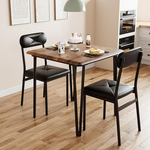 Small Dining Table Set for 2, Small Kitchen Table and Chairs Set of 2, 3Pcs Dining Room Table Set with 2 Upholstered Chairs, Furniture Set Dinette for Small Place, Apartment, Rustic Brown