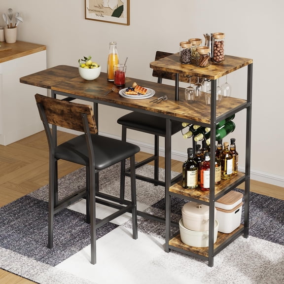 Small Dining Table Set for 2 with Storage - 3-Piece Expandable Bar Table & Chairs Set, with Wine Rack & Shelves, for Small Space, Apartment, Kitchen, Breakfast Nook, Condo
