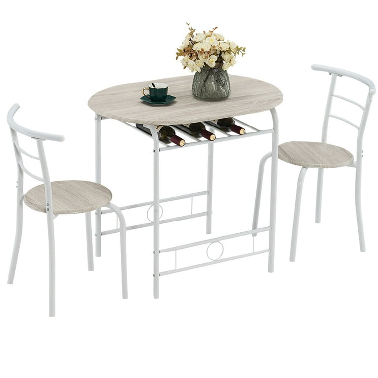 Small Dining Table Set for 2 White Paint Kitchen Dining Table and 2 Chairs with Metal Frame and Wine Rack Compact Space Industrial Breakfast Nook