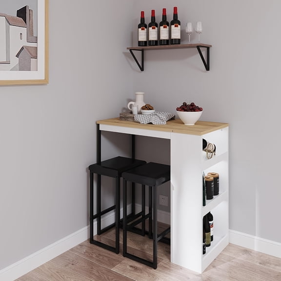 Small Dining Table Set with 2 Stools | Kitchen Bar Table with Storage, Counter Height, Engineered Wood, Glam Style for Dining Room, Bistro, Apartment