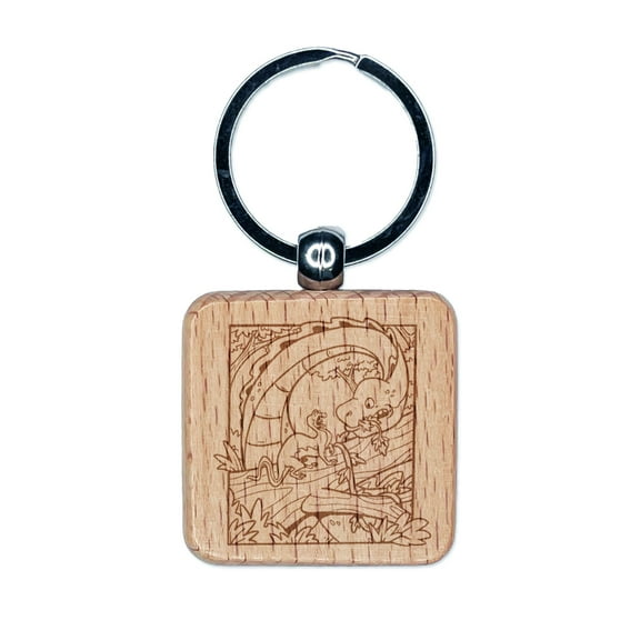 Small Dinosaur Spooked by Big Brontosaurus Square Keychain Charm Tag - Engraved Wood