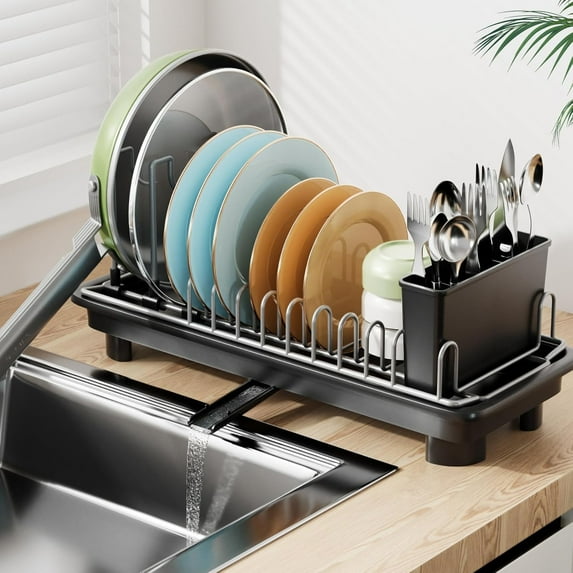 Small Dish Drying Rack, Compact Dish Drainer for Kitchen Counter, with Adjustable Back Slots