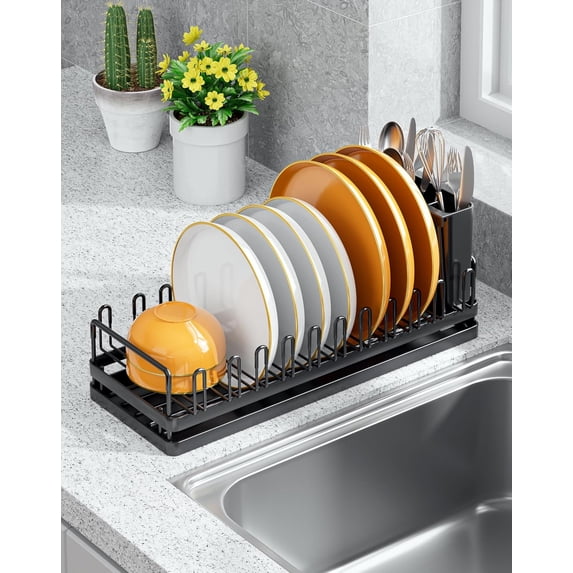Small Dish Drying Rack for Kitchen Counter, Dish Drainer Rack with Dish Drying Mat, Anti-Rust Dish Plate Organizer with Cutlery Holder for Kitchen Cabinets, RVs, Small Apartment Kitchens
