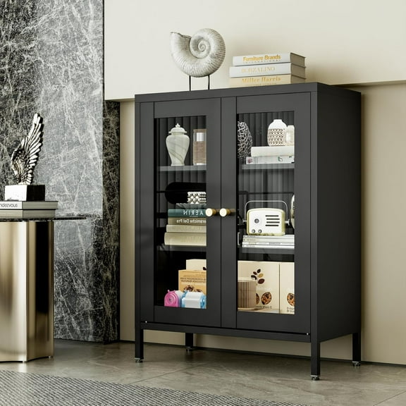 Small Display Cabinet with Glass Doors, 12" Shallow Metal Storage Cabinets FreeStanding Floor Cabinet with Two Door Two Shelves for Home Office Living Room Bathroom