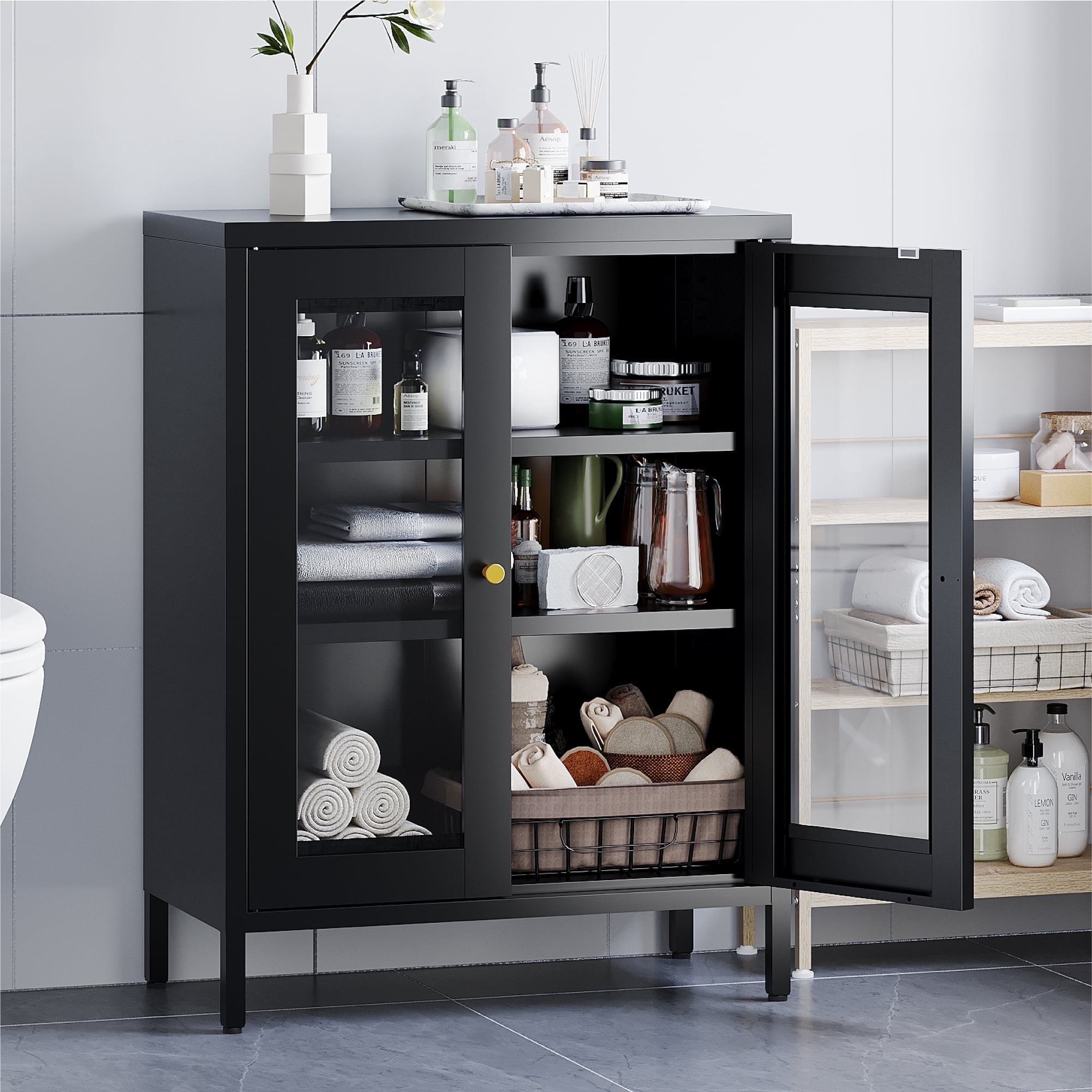 Elegant Small Display Cabinet with Glass Doors,Metal Storage Cabinets FreeStanding Floor Cabinet with 2-Shelves for Home,Office,Living Room,Bathroom