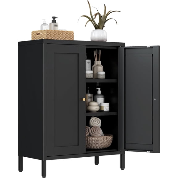 Small Display Cabinet with Glass Doors, 12" Shallow Metal Storage Cabinets Short Bookcase Cabinet with Two Door Two Shelves Metal Glass cabinets for Home Office Living Room