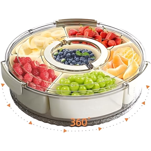Small Divided Serving Tray with Lid and Handle, Stackable Snackle Box Container for Fruits Candy Organizer, Portable Spinning Rounded Veggie Tray for Kitchen, Party, Trave and Picnic-1 Pack
