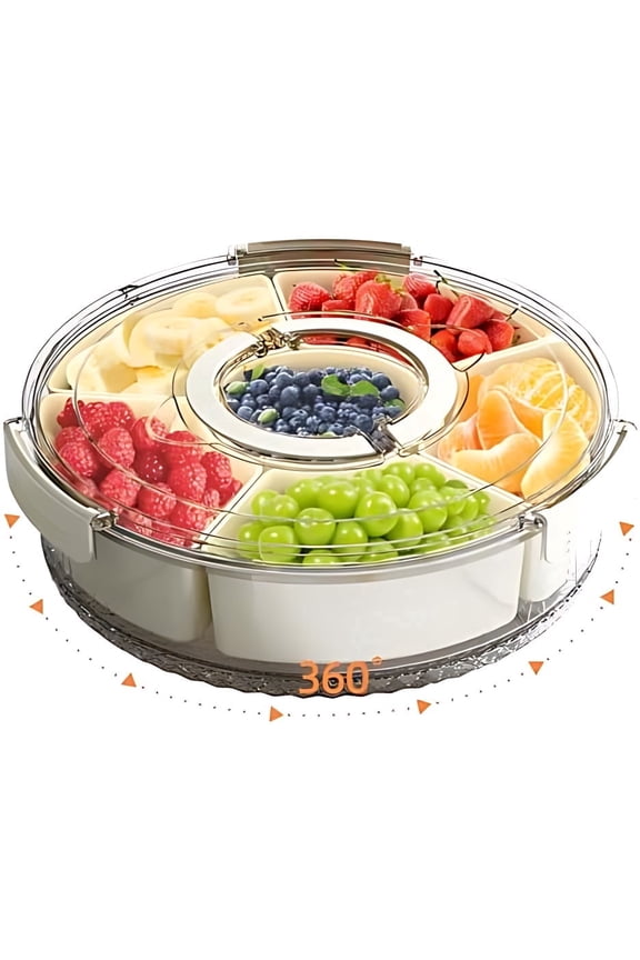 Small Divided Serving Tray with Lid and Handle, Stackable Snackle Box Container for Fruits Candy Organizer, Portable Spinning Rounded Veggie Tray for Kitchen, Party, Trave and Picnic-1 Pack