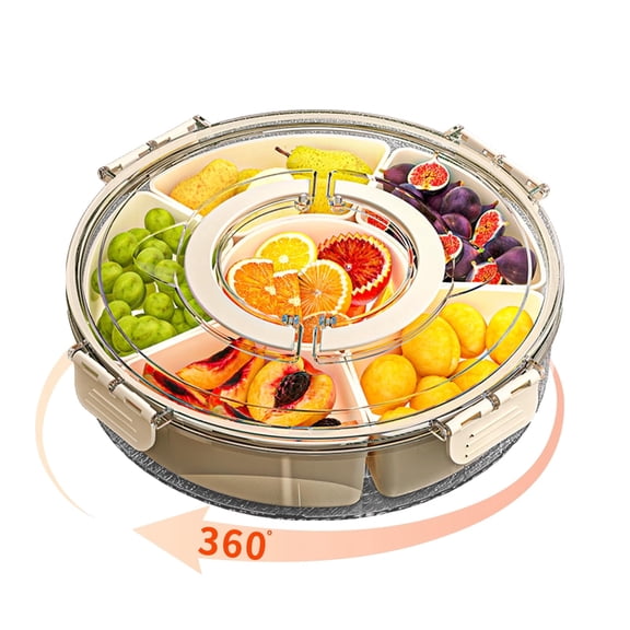 Small Divided Serving Tray with Lid and Handle, Stackable Snackle Box Container for Fruits Candy Organizer, Portable Spinning Rounded Veggie Tray for Kitchen, Party, Trave and Picnic-1 Pack