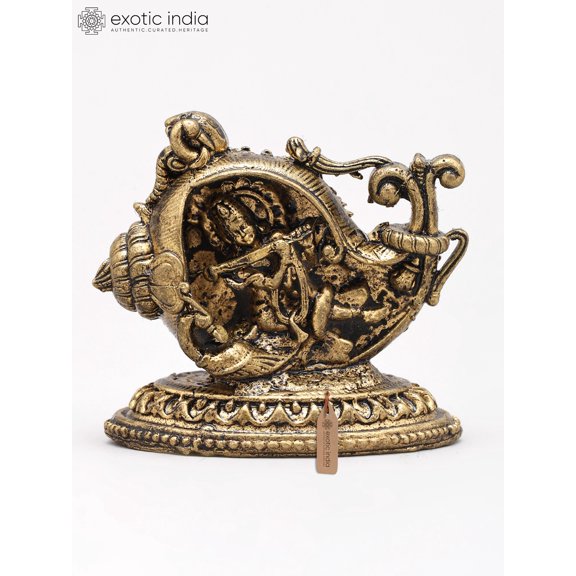 Small Divine Lord Krishna Playing Flute Inside Conch (Shankh) | Copper Statue | Made in India