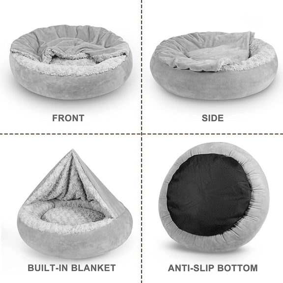 Small Dog Bed Cat Bed with Hooded Blanket, Cozy Cuddler Luxury Puppy Pet Bed, Donut Round Calming Anti-Anxiety Dog Burrow Cave Bed - Anti-Slip Bottom and Machine Washable 23 inch