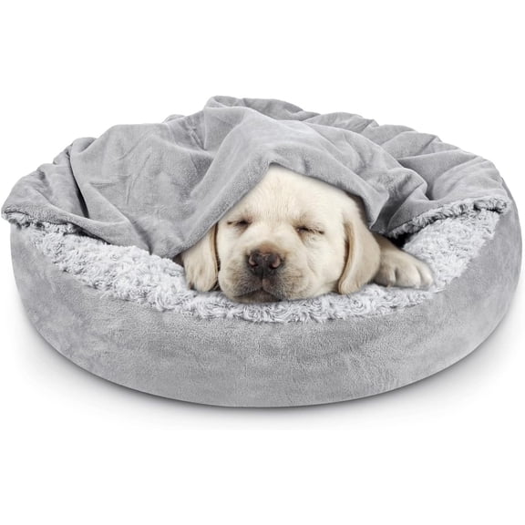 Small Dog Bed Cat Bed with Hooded Blanket, Cozy Cuddler Luxury Puppy Pet Bed, Donut Round Calming Anti-Anxiety Dog Burrow Cave Bed - Anti-Slip Bottom and Machine Washable 23 inch