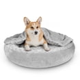 thumbnail image 1 of Small Dog Bed Cat Bed with Hooded Blanket, Cozy Cuddler Luxury Puppy Pet Bed, Donut Round Calming Anti-Anxiety Dog Burrow Cave Bed, Machine Washable, Anti-Slip Bottom, Gray, 26inch, 1 of 8