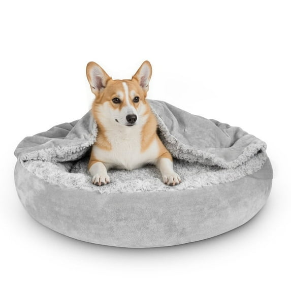 Small Dog Bed Cat Bed with Hooded Blanket, Cozy Cuddler Luxury Puppy Pet Bed, Donut Round Calming Anti-Anxiety Dog Burrow Cave Bed, Machine Washable, Anti-Slip Bottom, Gray, 26inch