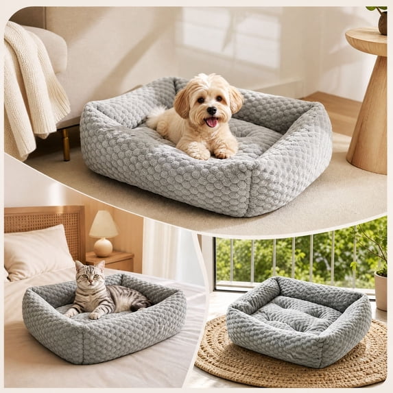 Small Dog Bed Raised Edges Non-Slip Plush Calming Cushion Light Gray 50x45x15cm