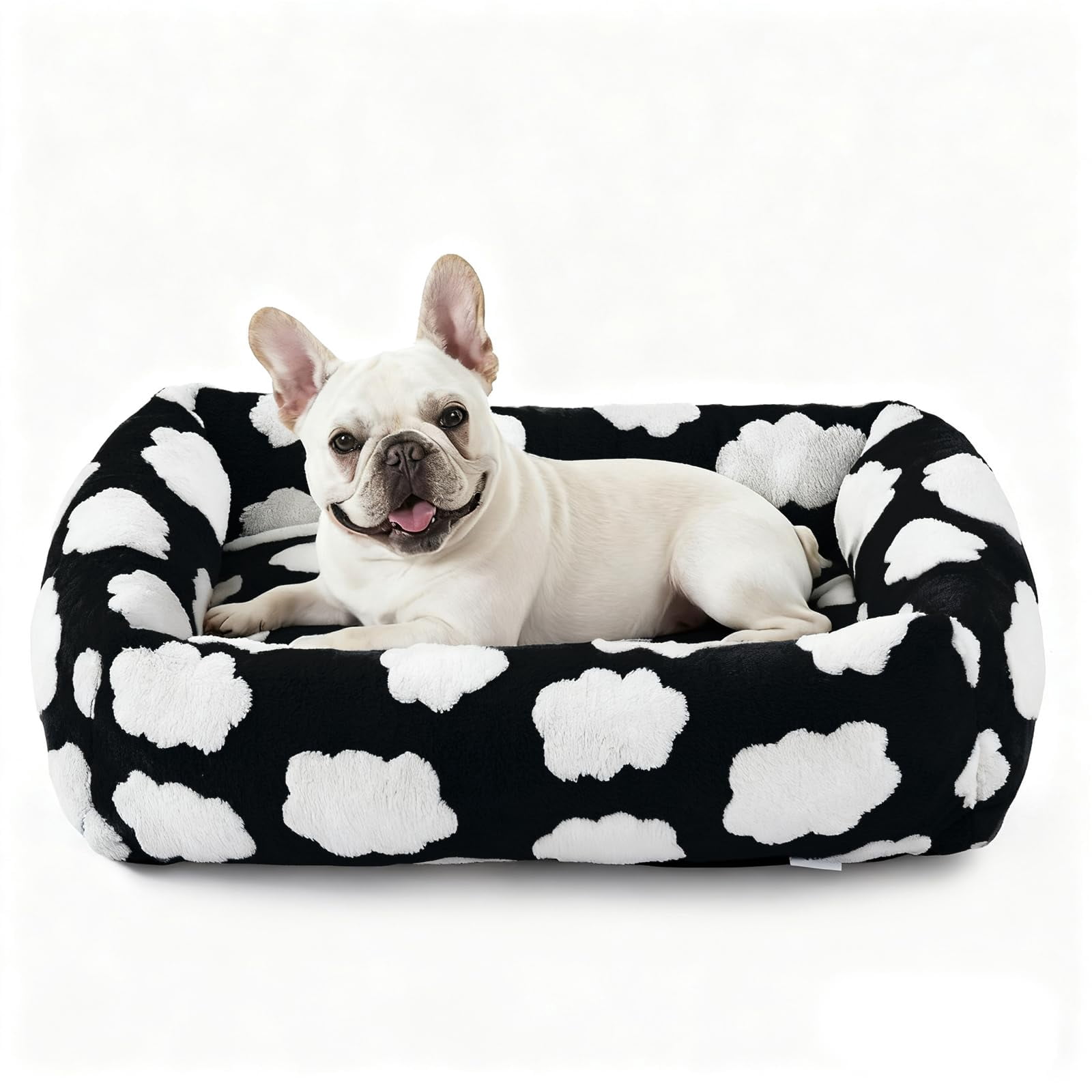 Small Dog Bed Rectangle Washable Orthopedic with Removable Zipper Cover Cozy Clouds Black-S Plus 25"x21"x7"