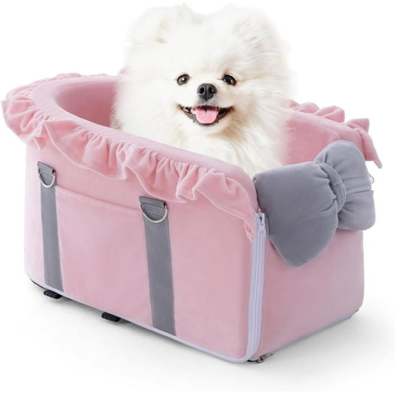 Small Dog Car Seat - Detachable, Adjustable Straps, Comfortable Bow Design - Portable Pet Booster Seat for Puppy, Cat (Pink Gray)