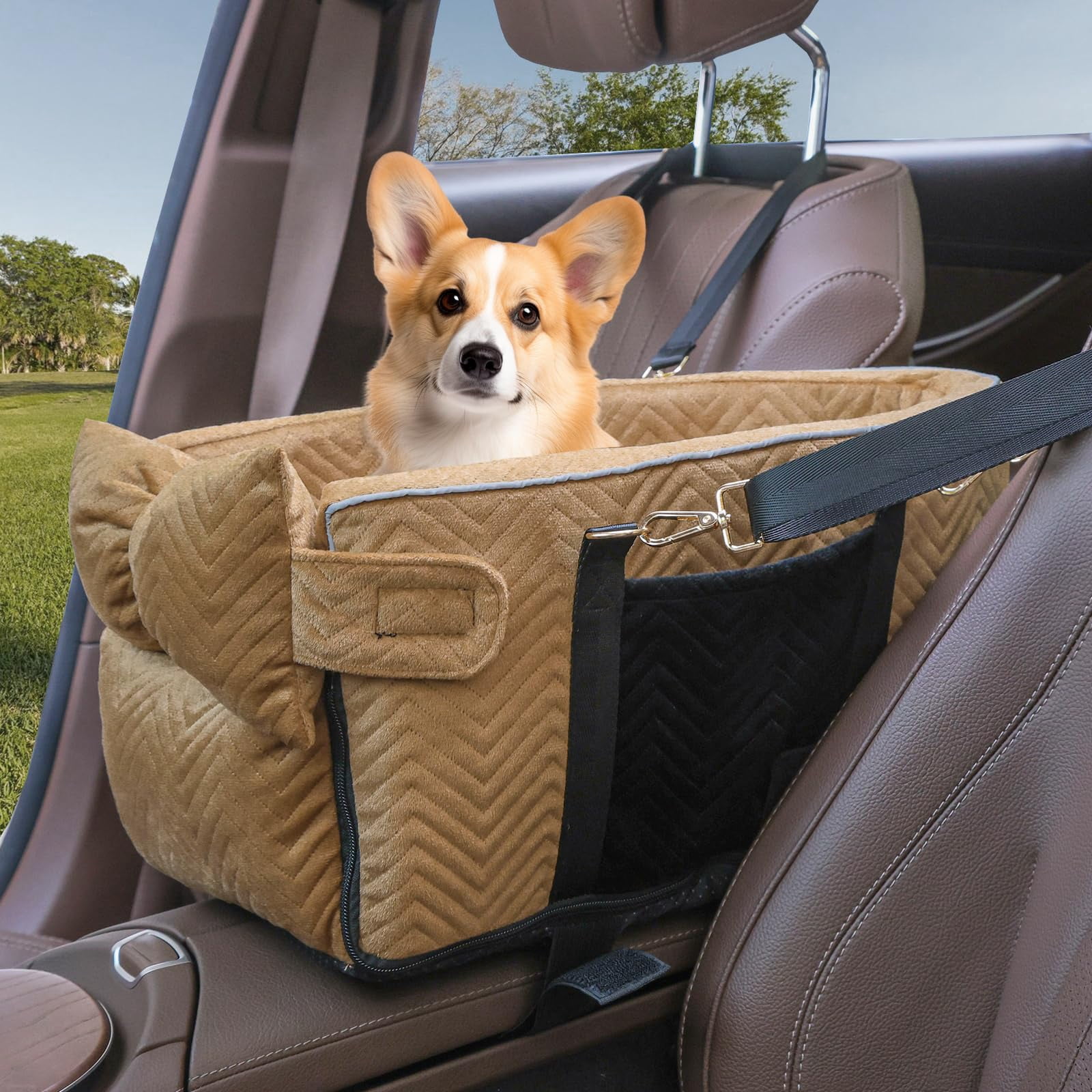 Small Dog Car Seat  Portable With Soft Washable Cushion Center Console For Dogs Up To 13lbs(brown)