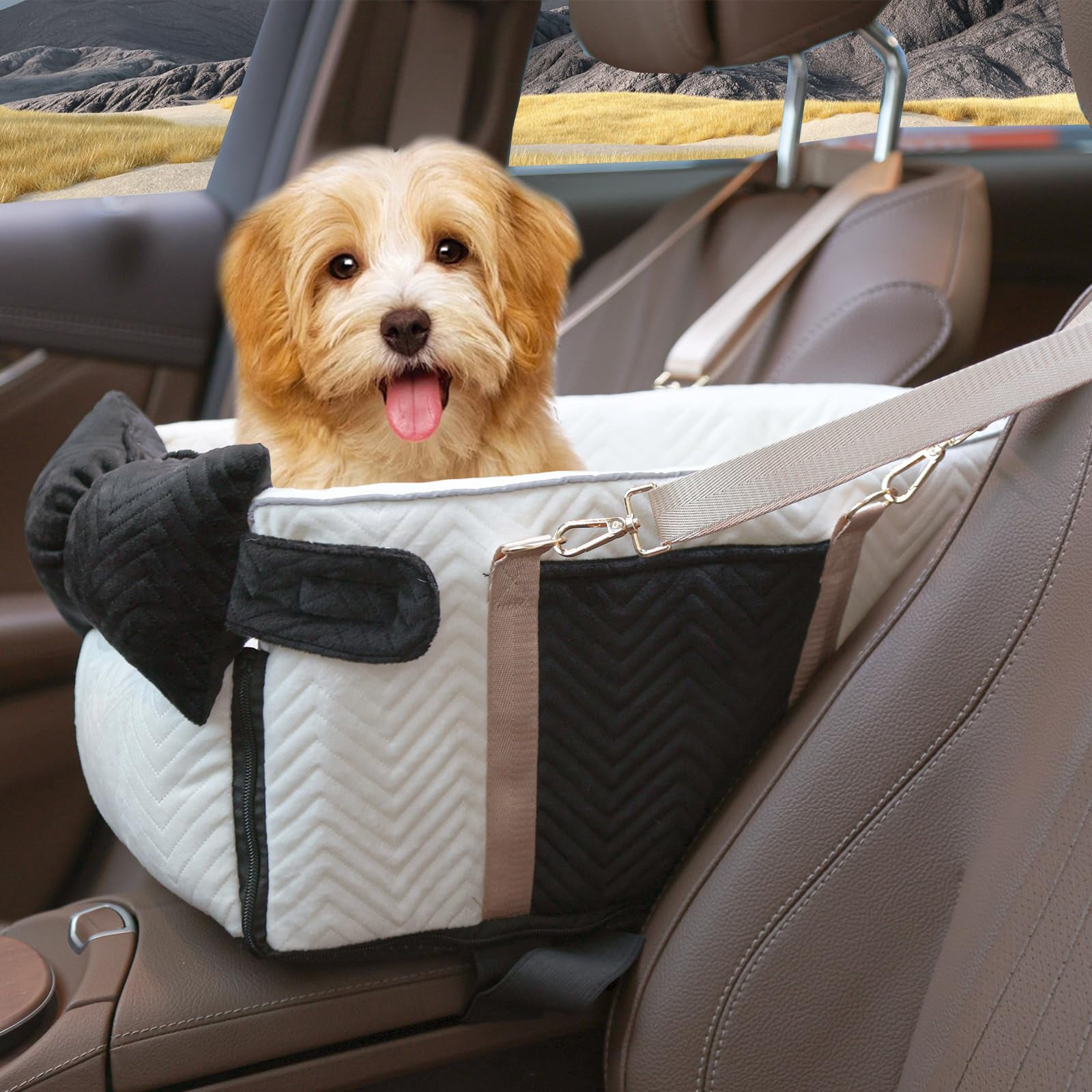 Small Dog Car Seat  Portable With Soft Washable Cushion Center Console For Dogs Up To 13lbs(white)