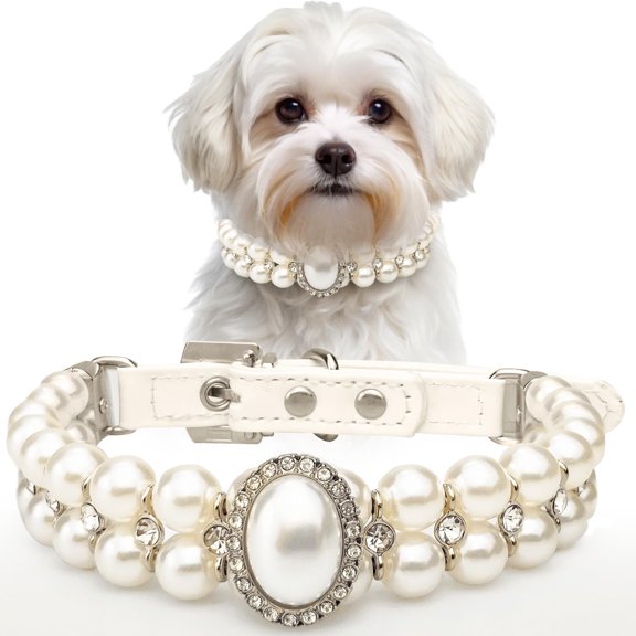 Small Dog Cat Big Pearl Collars with Crystal Rhinestone Diamond Décor, Adjustable Cute Fashion Pet PU Leather Necklace for Wedding Birthday Party (for Cats and Puppies)