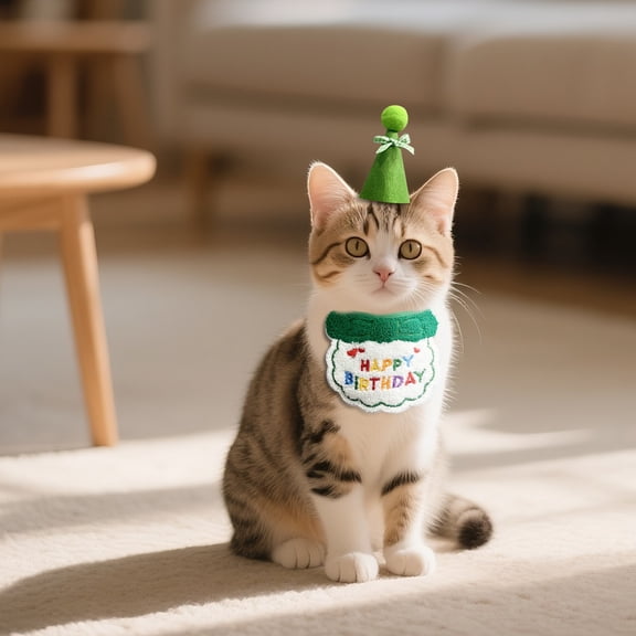 Small Dog Cat Birthday Hat Scarf Set, Cute Pet Birthday Bandana Party Supplies Puppy Happy Birthday Decorations Embroidered Birthday Gift