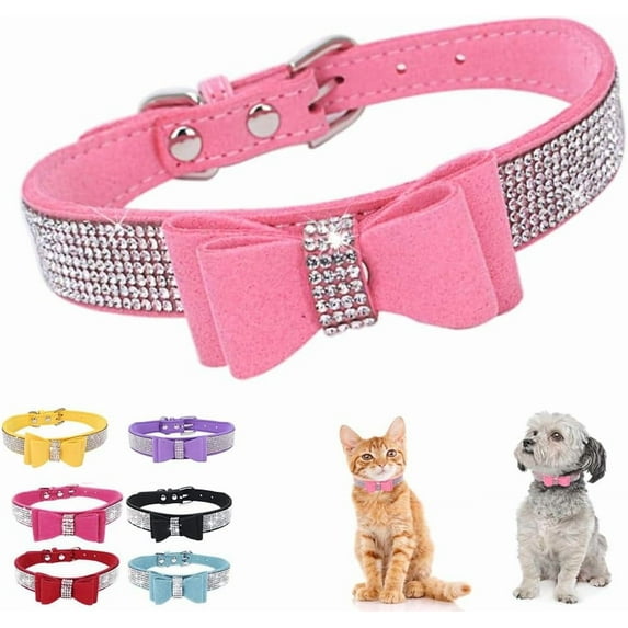 Small Dog Collar with Bowtie,Rhinestone Bling Diamond Sparkly Crystal Jewel Cute Adjustable for Small Medium Large Girl Puppy Cat Collars Female Pet Kitten