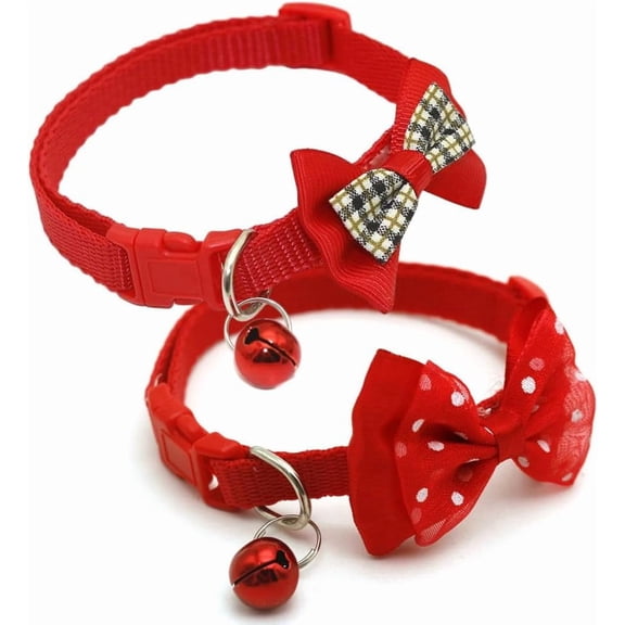 Small Dog Collar with Bell & Bow, 2-Pack Cat Bowtie Collar with Bells, Tiny Female Dog Collar for XXS Xs Small Pet Girl Dogs Kitten