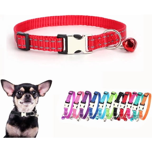Small Dog Collar with Bell, Reflective Nylon Metal Buckle XS Puppy Collars for Little Pet Male Dogs Cat Girl Kitten Small Animal