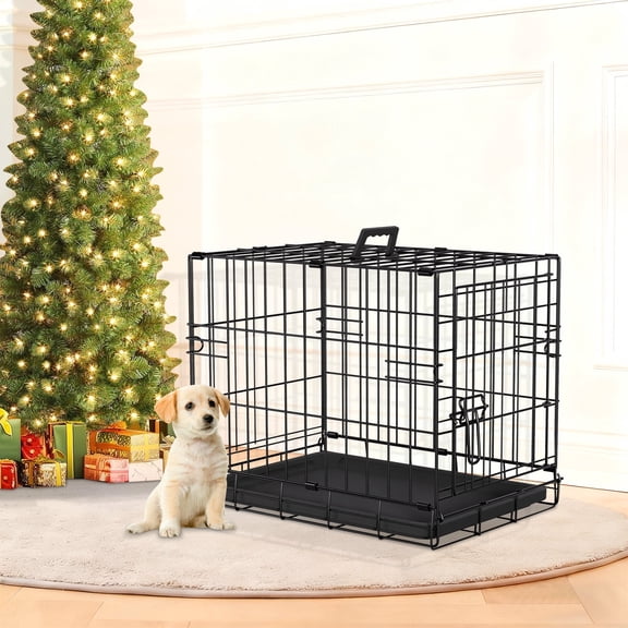 Small Dog Crate 18" Puppy Cage Dog Kennel Dog Cage Foldable Metal Wire Pet Cage with Handle Plastic Tray for Puppies (Black)