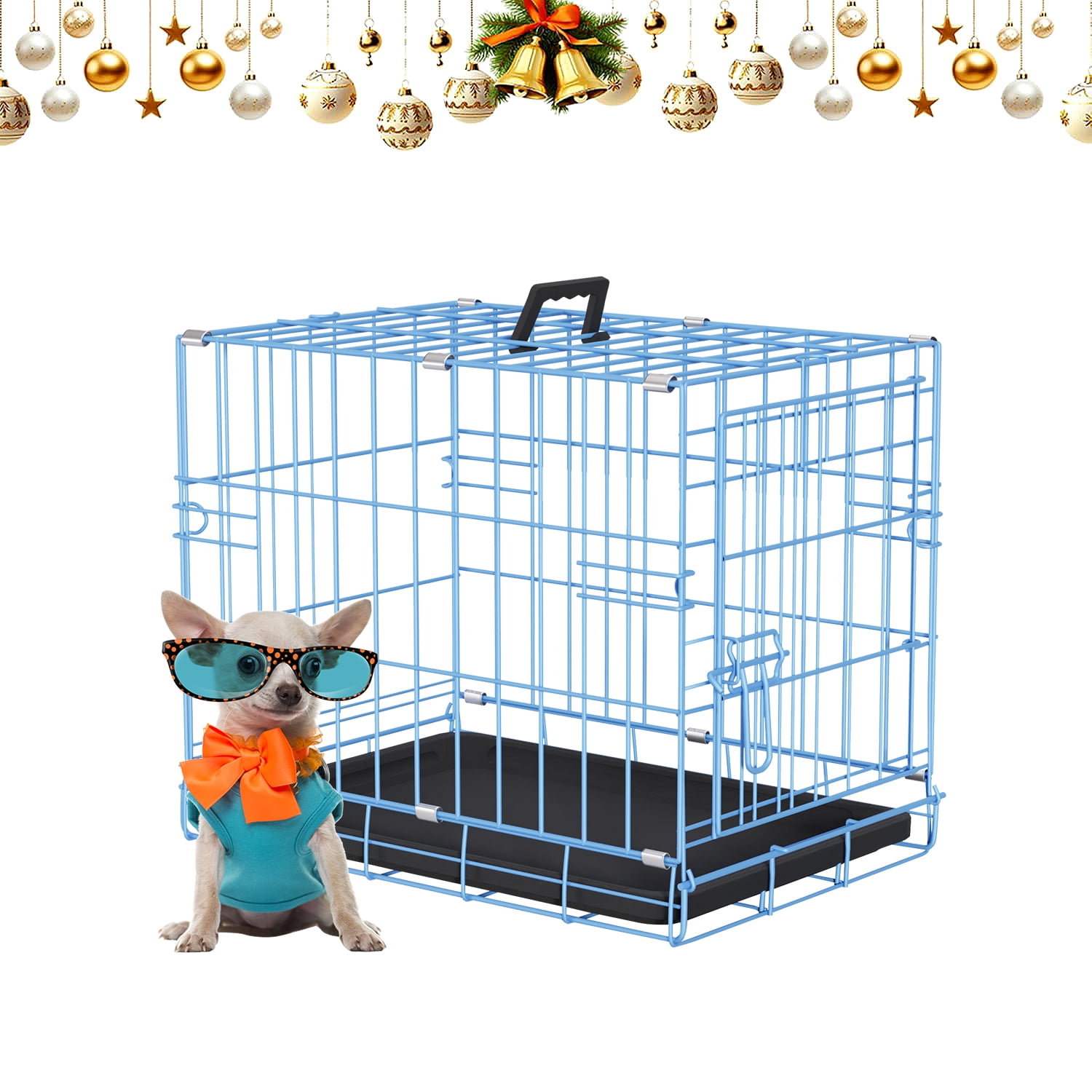 Small Dog Crate 18" Puppy Cage Dog Kennel Dog Cage Foldable Metal Wire Pet Cage with Handle Plastic Tray for Puppies （Blue）