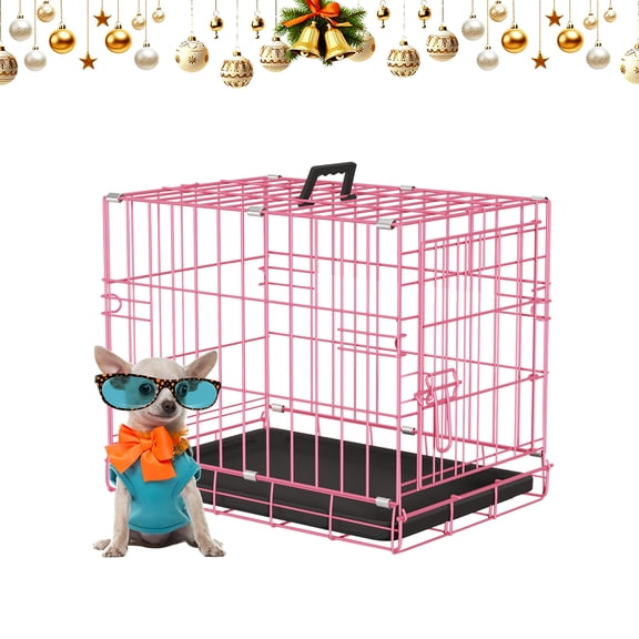 Small Dog Crate 18" Puppy Cage Dog Kennel Dog Cage Foldable Metal Wire Pet Cage with Handle Plastic Tray for Puppies (Pink)