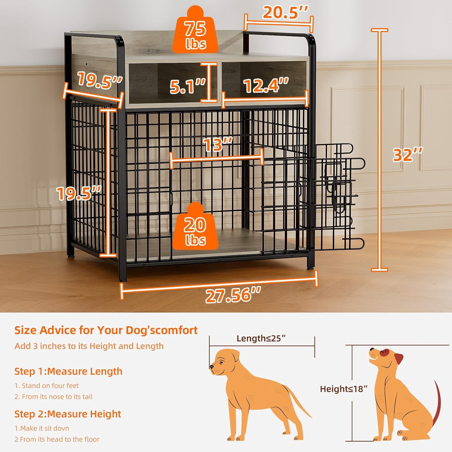 Small Dog Crate Furniture with Drawers Storage, Puppy Dog Kennel Indoor with Double , Heavy Duty Wooden Dog Cage Table, Sturdy Metal, Gray
