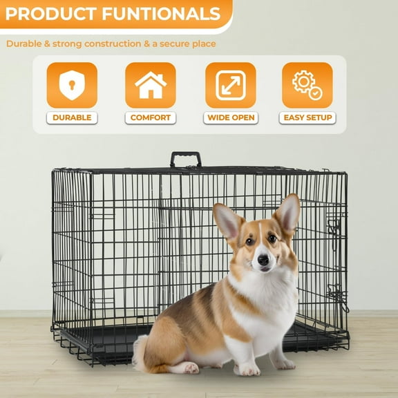 Small Dog Crate Kennel 24 Inches Metal Double-Door Folding Travel Indoor Outdoor Puppy Playpen with Divider and Handle Plastic Tray