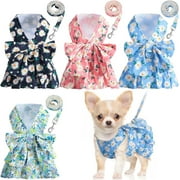 Small Dog Dress Harness and Leash Set - No Pull Cute Floral Bow Tie Dog Vest Harness Dress with Short Dog Leash Walking Outdoor for Girl&Boy Small Dogs, Puppy, Cats, Rabbits