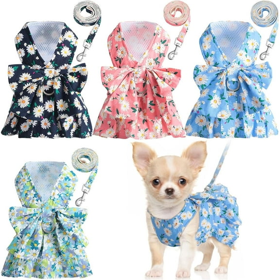 Small Dog Dress Harness and Leash Set - No Pull Cute Floral Bow Tie Dog Vest Harness Dress with Short Dog Leash Walking Outdoor for Girl&Boy Small Dogs, Puppy, Cats, Rabbits